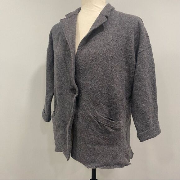 EILEEN FISHER XL Gray Merino Wool One-Button Slouchy Sweater Blazer Notch Collar - Picture 3 of 16